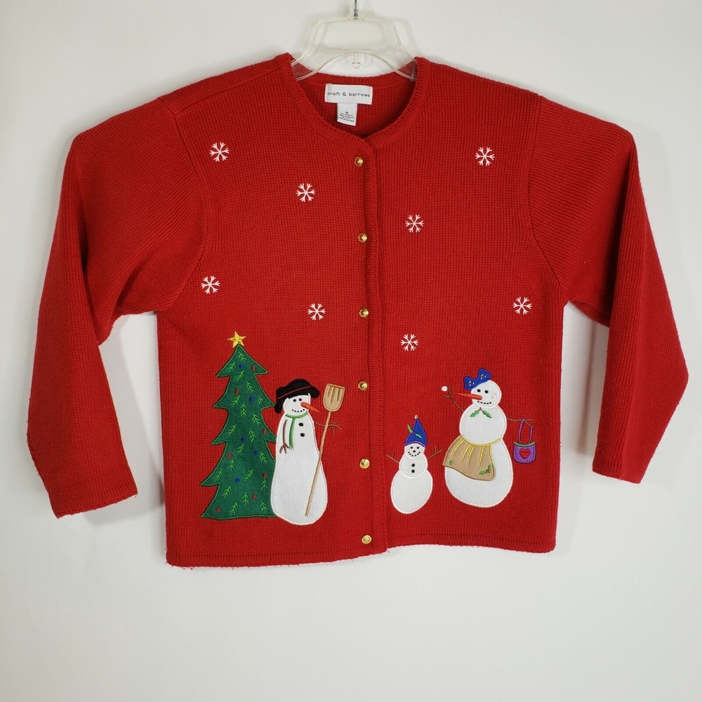 Vintage Croft & Barrow Christmas Snowman Button Up Cardigan Sweater Size M Red